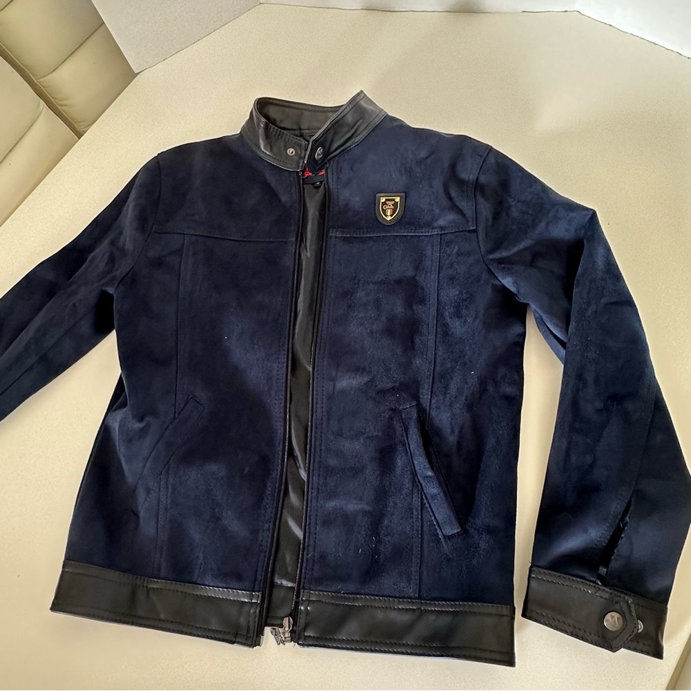 Men's Navy Jacket with Black Accents bomber suede leather coat